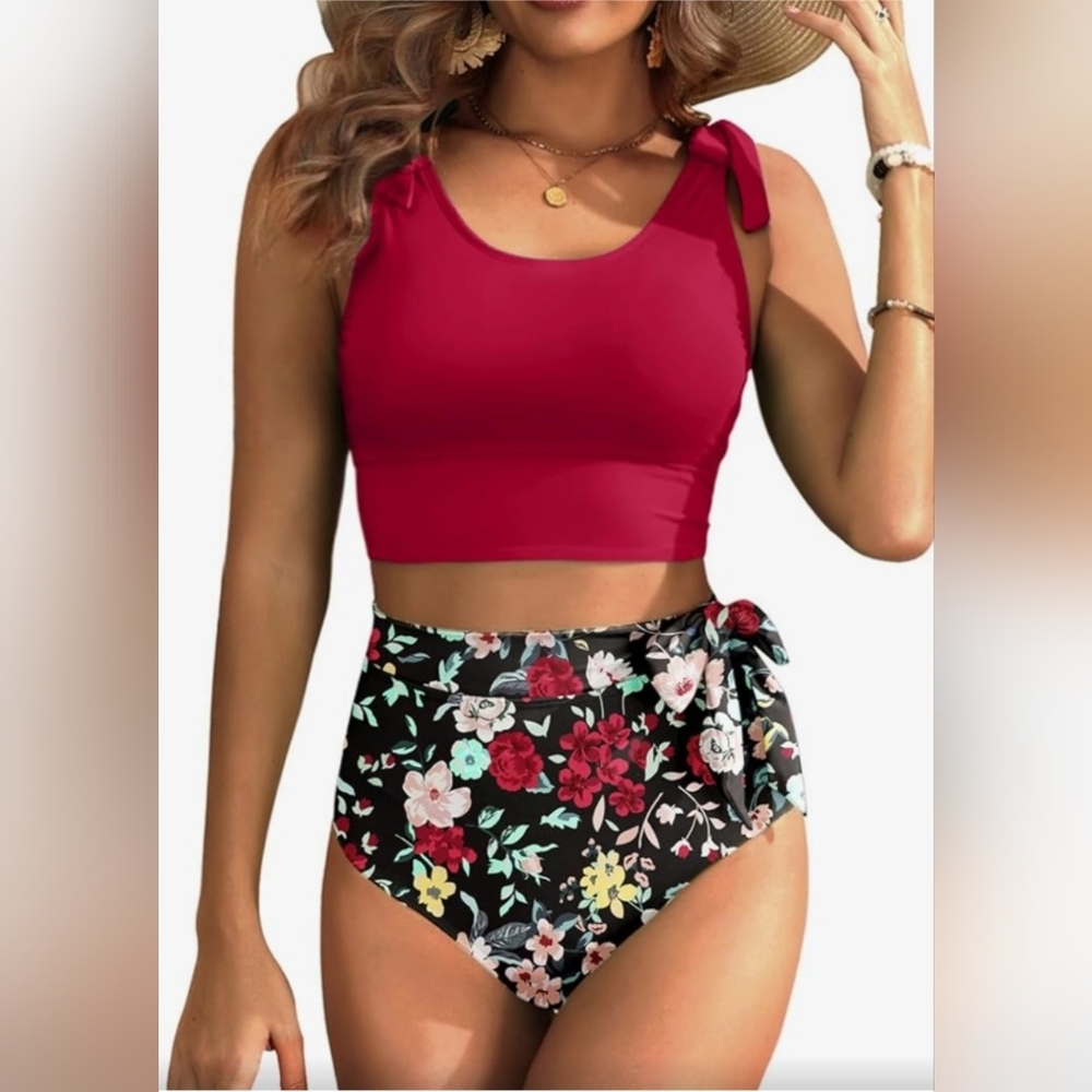 Yonique High Waisted Tummy Control Floral Bikini Set - Size Med